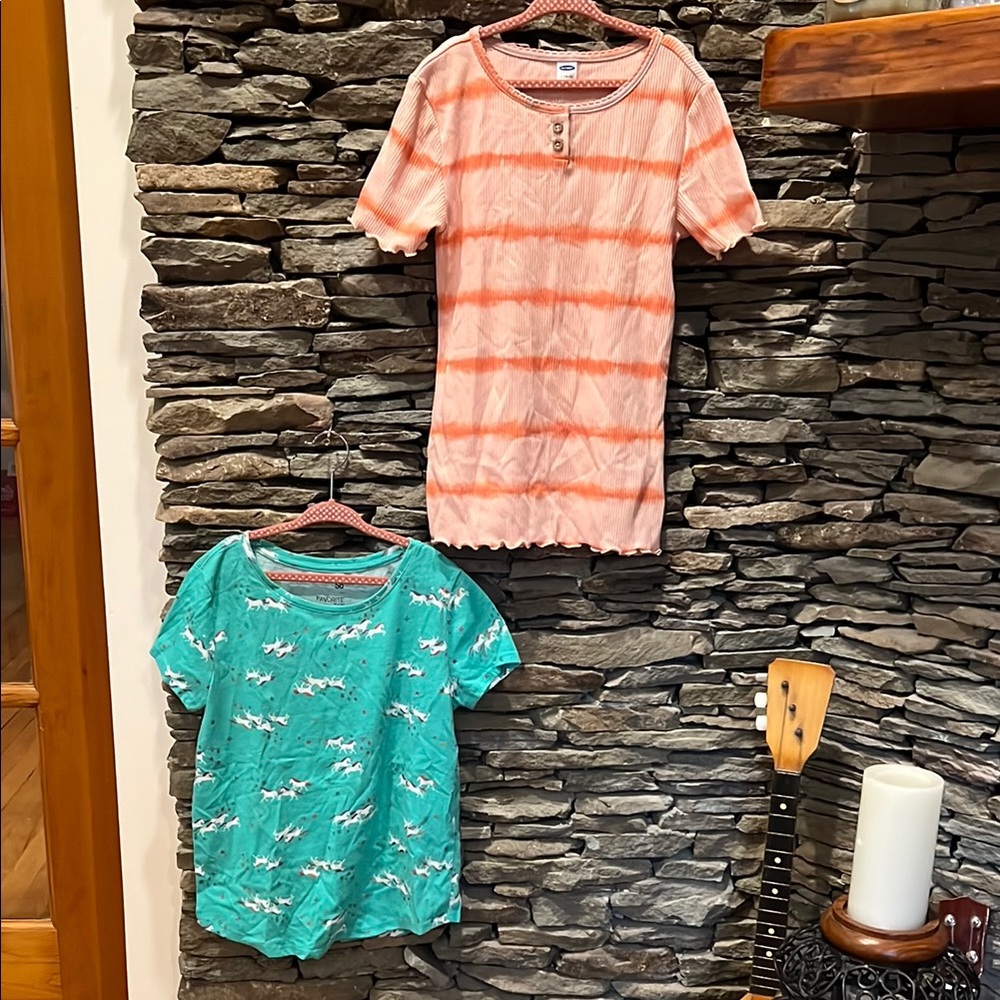 Old Navy-Striped Coral & Teal Graphic Kids Shirt & SO Teal T- shirt W Unicorns!!